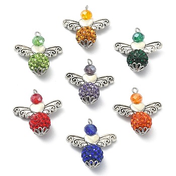 Tibetan Style Alloy Pendants, with Electroplate Glass Beads and Polymer Clay Rhinestone Beads, Angel, Mixed Color, 25x23.5x10mm, Hole: 1.6mm