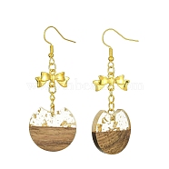Resin & Walnut Wood Dangle Earrings, Golden Alloy Bowknot Long Drop Earrings, Flat Round, 63x24.5mm(EJEW-JE05507-03)