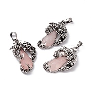 Natural Rose Quartz Pendants, Faceted Teardrop Charms with Rack Plating Antique Silver Tone Brass Dragon, Cadmium Free & Lead Free, 39x23x8.5mm, Hole: 8x5mm(G-H281-06E)