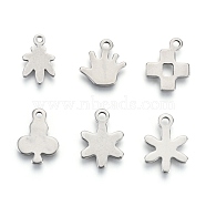 Non-Tarnish 201 Stainless Steel Charms, Laser Cut, Mixed Shapes, Stainless Steel Color, 11.5~14x7.5~10x0.7~0.8mm, Hole: 1.2~1.6mm, 6 patterns, 1 pattern/200pcs(STAS-R118-11)