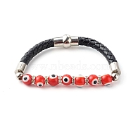 Handmade Lampwork Evil Eye Beaded Bracelets, with Cowhide Leather Cord, Brass Rhinestone Spacer Beads and Magnetic Clasp, Red, 7-1/2 inch(19cm)(BJEW-JB06379-04)