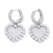 Heart Rack Plating Brass Cubic Zirconia Hoop Earrings with Plastic Pearl Beads, Long-Lasting Plated Dangle Earrings for Women, Lead Free & Cadmium Free, Platinum, 33mm, Pin: 0.9mm(EJEW-K245-06P)