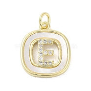 Rack Plating Brass Micro Pave Clear Cubic Zirconia Pendants, with Shell, Cadmium Free & Lead Free, Long-Lasting Plated, Real 18K Gold Plated, with Jump Ring, Letter E, 17.5x15x2.5mm, Hole: 3mm(KK-E102-33G-E)
