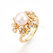 Flower Brass Micro Pave Clear Cubic Zirconia Cuff Ring, with Natural Freshwater Pearl, Real 14K Gold Plated, US Size 7 1/4(17.5mm), Flower: 17.5~18.5mm(RJEW-N049-02G)