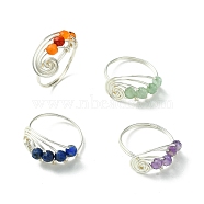 4Pcs 4 Style Natural Mixed Gemstone Round Beaded Finger Rings, Copper Wire Wrapped Vortex Ring, Silver, US Size 8 1/2(18.5mm), 1Pc/style(RJEW-TA00104)