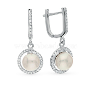 Rhodium Plated 925 Sterling Silver Hoop Earring for Women, with Pearl Dangle Charms, Platinum, 30x12x11mm(NC3553)