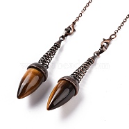 Natural Tiger Eye Dowsing Pendulums, with Red Copper Plated Brass Chains, Egg Charm, 250~255mm, Hole: 2mm(G-L524-06R-03)