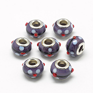 Handmade Bumpy Lampwork European Beads, with Brass Double Cores, Large Hole Beads, Rondelle, Platinum, DarkSlate Blue, 15~16x14~15x10~11mm, Hole: 5mm(X-LAMP-T004-21B)
