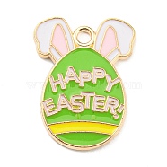 Easter Alloy Enamel Pendants, Golden, Egg with Rabbit Ear Charm, Word Happy Easter, Lime Green, 22x17x1.5mm, Hole: 2mm(ENAM-P251-A01-KCG04)