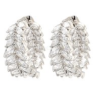 Brass Micro Pave Cubic Zirconia Hoop Earring, Leaf, Platinum, 22.5x9.5mm(EJEW-D078-03P)