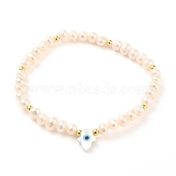 Natural Pearl Beads Stretch Bracelets, with Brass Beads, Natural White Shell Beads and Synthetic Turquoise, Hamsa Hand with Evil Eye, Seashell Color, Inner Diameter: 2-1/2 inch(6.5cm)(BJEW-JB05539-04)