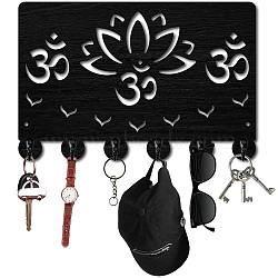 Black Wood & Iron Wall Mounted Hook Hangers, Decorative Organizer Rack, with 2Pcs Screws & 1Pc Screwdriver, 6 Hooks for Bag Clothes Key Scarf Hanging Holder, July Lotus, 300x200x7mm, Hole: 5mm(DIY-WH0601-008)