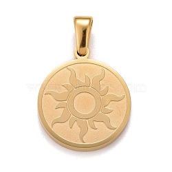 304 Stainless Steel Pendants, Flat Round with Sun, Golden, 17x15x2mm, Hole: 2.5x5mm(STAS-F252-16G)