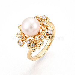 Flower Brass Micro Pave Clear Cubic Zirconia Cuff Ring, with Natural Freshwater Pearl, Real 14K Gold Plated, US Size 7 1/4(17.5mm), Flower: 17.5~18.5mm(RJEW-N049-02G)