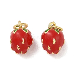 Rack Plating Brass Enamel Charm, with Jump Ring, Long-Lasting Plated, Cadmium Free & Lead Free, Strawberry Charm, Real 18K Gold Plated, 11.5x8mm, Hole: 3mm(KK-P261-02G)