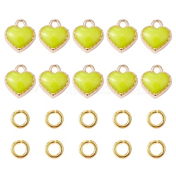 Heart Alloy Enamel Charms, with Brass Open Jump Rings, Green Yellow, Charms: 8x7.5x2.5mm, hole: 1.5mm, 10pcs; Jump Rings: 20 Gauge, 4x0.8mm, Inner Diameter: 2.4mm, 10pcs(ENAM-YW0002-85B)