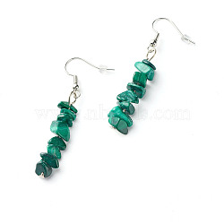 Natural Malachite Chip Beads Dangle Earrings, Brass Jewelry for Girl Women, Platinum, 53.5~54.5mm, Pin: 0.5mm(X-EJEW-JE04649-11)