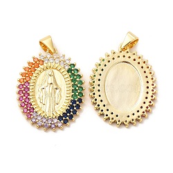 Rack Plating Brass Micro Pave Cubic Zirconia Pendants, Oval with Virgin Mary Charm, Long-Lasting Plated, Lead Free & Cadmium Free, Religion, Real 18K Gold Plated, 25x20x2mm, Hole: 3x4mm(KK-F851-04G)