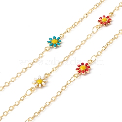 Handmade Eco-friendly Brass Enamel Flower Link Chain, Real 18K Gold Plated, Lead Free & Cadmium Free, Soldered, with Spool, Colorful, 2.5x2x0.5mm, 13x7x2mm(CHC-E025-45G)
