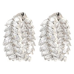 Brass Micro Pave Cubic Zirconia Hoop Earring, Leaf, Platinum, 22.5x9.5mm(EJEW-D078-03P)
