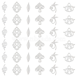 60Pcs 6 Style 201 Stainless Steel Pendants, Etched Metal Embellishments, Snake & Lotus & Leaf & Mushroom Charm, Stainless Steel Color, 30~47x10~32.5x0.2~0.3mm, Hole: 1.4~1.6mm, 10pcs/style(STAS-DC0014-26)
