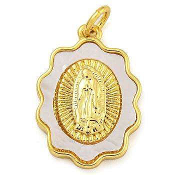 Brass Pendants with Shell and Jump Ring, Religion Oval with Virgin Mary, Real 18K Gold Plated, 19x13.5x3mm, Hole: 3mm