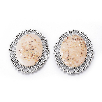 Resin Cabochons, with Tibetan Style Antique Silver Plated Alloy Findings, Oval, Bisque, 56x47x10mm