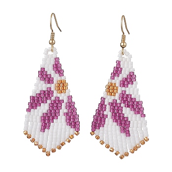 Glass Seed Beaded Dangle Earrings, with 304 Stainless Steel Earring Hooks, Rhombus with Flower Pattern, Medium Orchid, 69x29mm