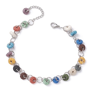 Dyed Natural Lava Rock Disc Beaded Anklets, with 304 Stainless Steel Chains, Colorful, 10-7/8 inch(27.7cm)