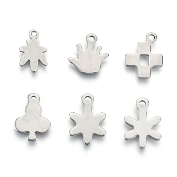 201 Stainless Steel Charms, Laser Cut, Mixed Shapes, Stainless Steel Color, 11.5~14x7.5~10x0.7~0.8mm, Hole: 1.2~1.6mm, 6 patterns, 1 pattern/200pcs