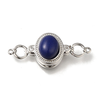 Brass Micro Pave Clear Cubic Zirconia Clasps, wth Natural Lapis Lazuli, Oval, Platinum, 34x13x10mm