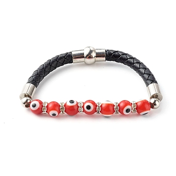 Handmade Lampwork Evil Eye Beaded Bracelets, with Cowhide Leather Cord, Brass Rhinestone Spacer Beads and Magnetic Clasp, Red, 7-1/2 inch(19cm)