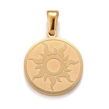 304 Stainless Steel Pendants, Flat Round with Sun, Golden, 17x15x2mm, Hole: 2.5x5mm
