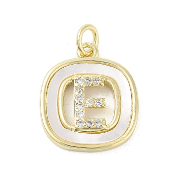 Rack Plating Brass Micro Pave Clear Cubic Zirconia Pendants, with Shell, Cadmium Free & Lead Free, Long-Lasting Plated, Real 18K Gold Plated, with Jump Ring, Letter E, 17.5x15x2.5mm, Hole: 3mm