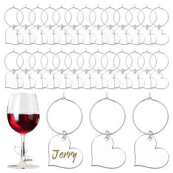 Transparent Acrylic Heart Wine Glass Charms, with Brass Hoop Earring Findings, Clear, 53mm, 60pcs/set