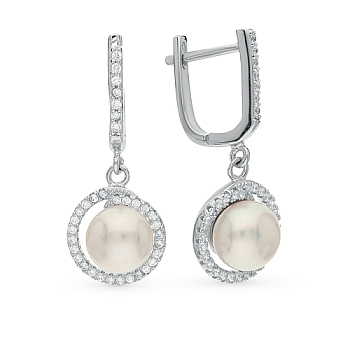 Rhodium Plated 925 Sterling Silver Hoop Earring for Women, with Pearl Dangle Charms, Platinum, 30x12x11mm