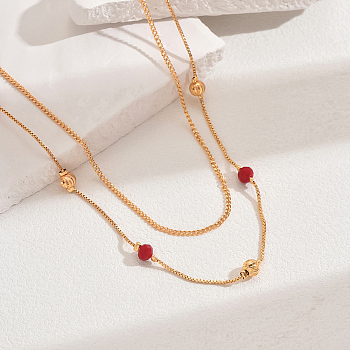 Fashionable Brass & Stone Double Layer Necklaces for Women, Real 18K Gold Plated, Perfect for Work, 18.11 inch(46cm)