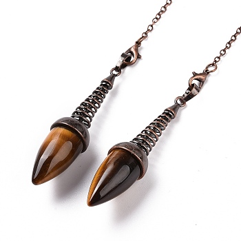 Natural Tiger Eye Dowsing Pendulums, with Red Copper Plated Brass Chains, Egg Charm, 250~255mm, Hole: 2mm