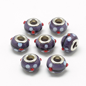 Handmade Bumpy Lampwork European Beads, with Brass Double Cores, Large Hole Beads, Rondelle, Platinum, DarkSlate Blue, 15~16x14~15x10~11mm, Hole: 5mm