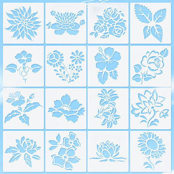 16Pcs 16 Patterns PET Plastic Hollow Out Drawing Painting Stencils Templates, Square with Mixed Floral Pattern, WhiteSmoke, 15x15x0.03cm, 1pc/pattern