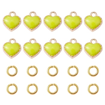 Heart Alloy Enamel Charms, with Brass Open Jump Rings, Green Yellow, Charms: 8x7.5x2.5mm, hole: 1.5mm, 10pcs; Jump Rings: 20 Gauge, 4x0.8mm, Inner Diameter: 2.4mm, 10pcs