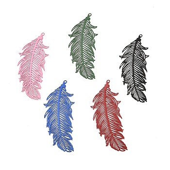 Spray Painted 430 Stainless Steel Pendants, Etched Metal Embellishments, Leaf Charm, Mixed Color, 47x18.5x0.3mm, Hole: 1.2mm