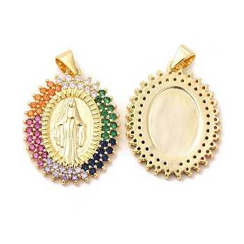 Rack Plating Brass Micro Pave Cubic Zirconia Pendants, Oval with Virgin Mary Charm, Long-Lasting Plated, Lead Free & Cadmium Free, Religion, Real 18K Gold Plated, 25x20x2mm, Hole: 3x4mm