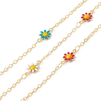 Handmade Eco-friendly Brass Enamel Flower Link Chain, Real 18K Gold Plated, Lead Free & Cadmium Free, Soldered, with Spool, Colorful, 2.5x2x0.5mm, 13x7x2mm
