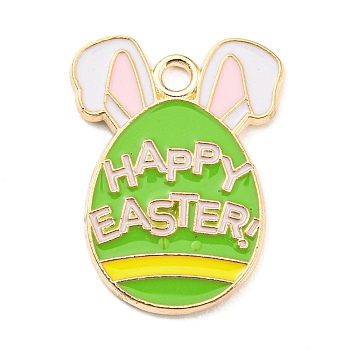 Easter Alloy Enamel Pendants, Golden, Egg with Rabbit Ear Charm, Word Happy Easter, Lime Green, 22x17x1.5mm, Hole: 2mm