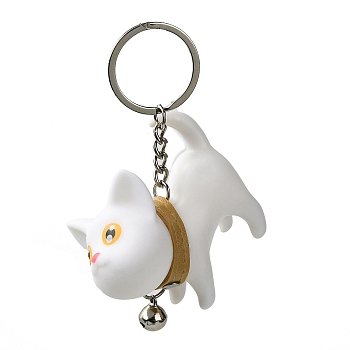 Resin Keychains, with PU Leather Decor and Alloy Split Rings, Cat Shape, White, 9cm