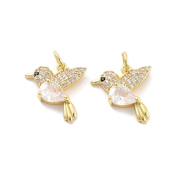 Rack Plating Brass Micro Pave Clear Cubic Zirconia Pendants, with Jump Ring, Cadmium Free & Lead Free, Long-Lasting Plated, Bird, Real 18K Gold Plated, 16x15x4mm, Hole: 3mm