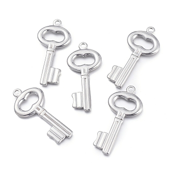 304 Stainless Steel Pendants, Key, Stainless Steel Color, 49.3x23x2.7mm, Hole: 3mm