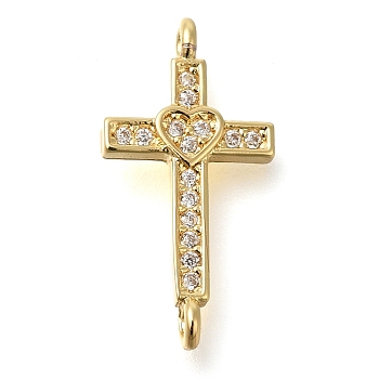 Brass Pave Clear Cubic Zirconia Connector Charms, Religion Heart Cross Links, Real 16K Gold Plated, 20.5x10.5x3mm, Hole: 1.2mm