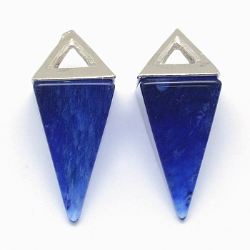 Watermelon Stone Glass Pendants, with Alloy Findings, Triangle, Platinum, 34x14x14.5mm, Hole: 4x6mm